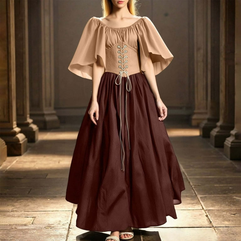 Oplxuo Women's Plus Size Victorian Dress Flare Sleeve Off Shoulder Medieval Dresses with Corset Patchwork Ball Gown