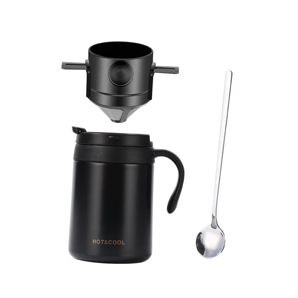 Cafetera portátil con filtro y cuchara, taza de café aislada Negro