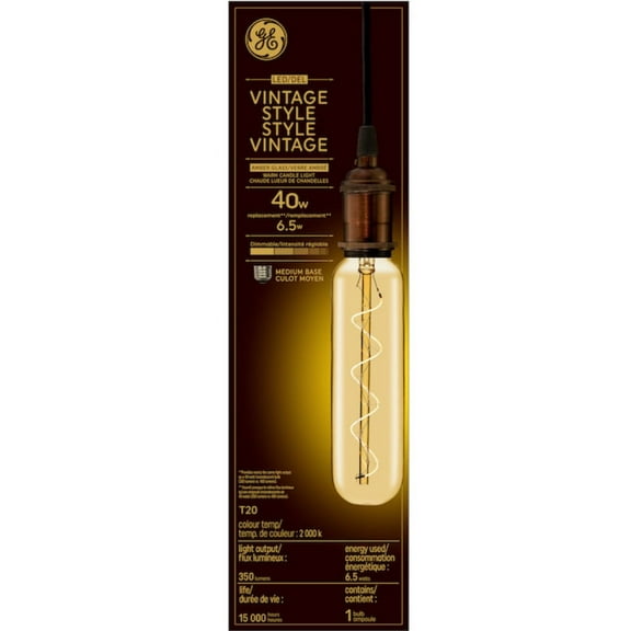 GE Large Vintage Style LED T20, 6.5 watt, 350 lumen, Amber Glass, 2000K Warm CandleLight, Spiral Filament, dimmable 40W Replacement LED T20 Tubular Light Bulb
