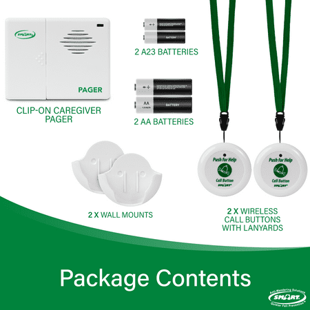 Smart Caregiver Two Call Buttons Wireless Caregiver Pager for Fall Prevention and Elderly Assistance | Caregiver Call Button with Wearable Lanyard | Nurse Call Alert System with Up to 300' Range