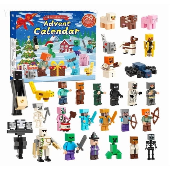 Minecraft Building Block Figures Advent Calendar, 24‑Day Christmas Countdown Calendar with 29 Pcs Mini Building Toy Figures, Holiday Surprise Gift Set for Game Fans