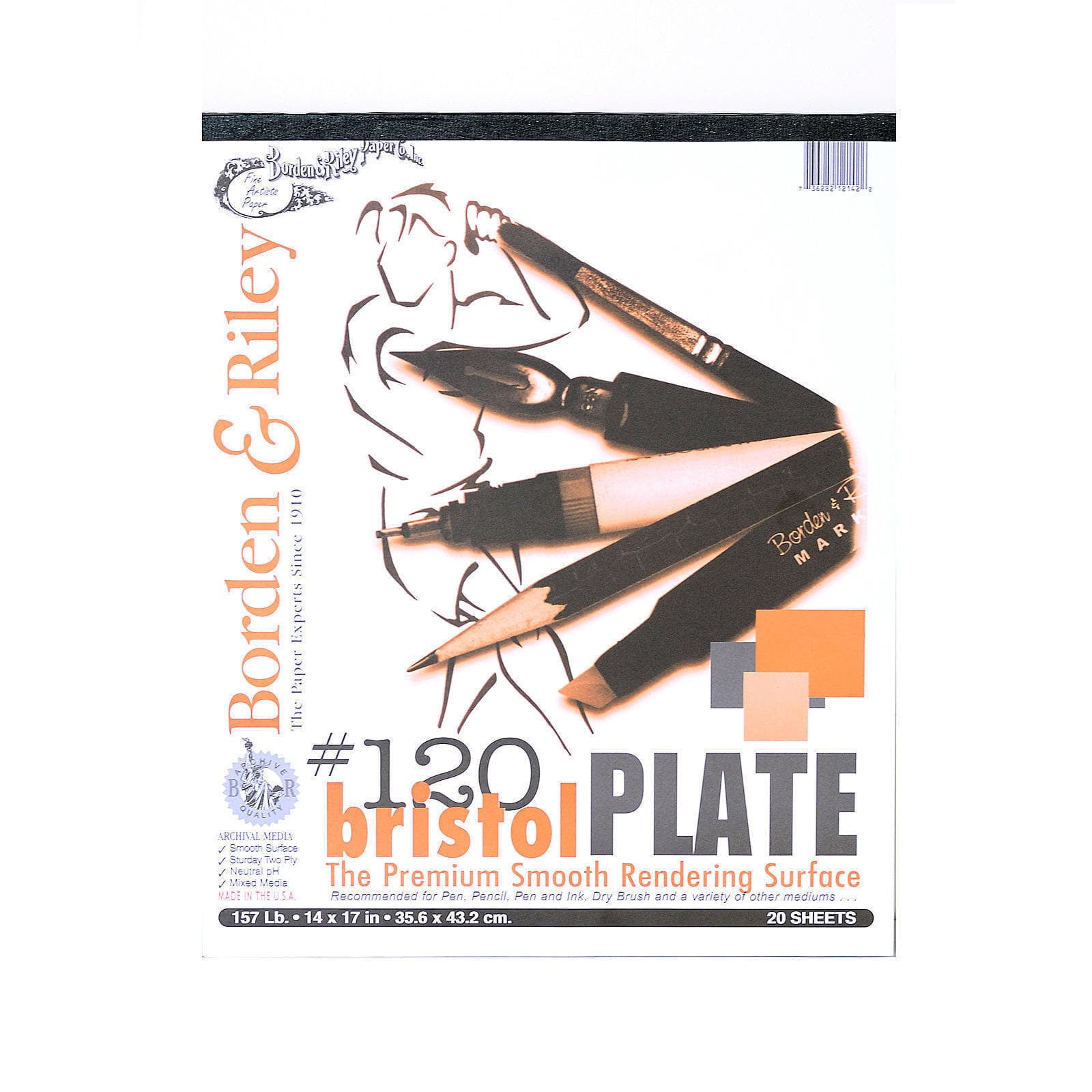 Borden & Riley #120 Bristol Pad, Plate Finish, 14" x 17", 12 Sheets Per Pad
