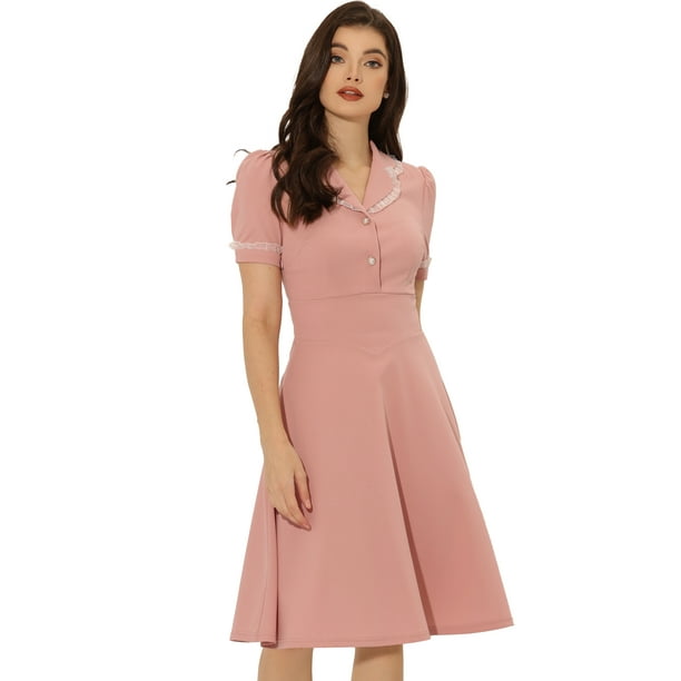 Vestido Elegante Allegra K para Mujer con Cuello Peter Pan con Volantes Rosa XS