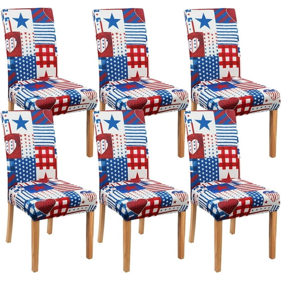Dining Room Independence Day Chair Covers Set of 6,4th of July Plaid Stitching Dining Chair Cover,Elastic Removable and Washable Dining Chair Cover,Suitable for 4th of July Kitchen Dining Room Decor