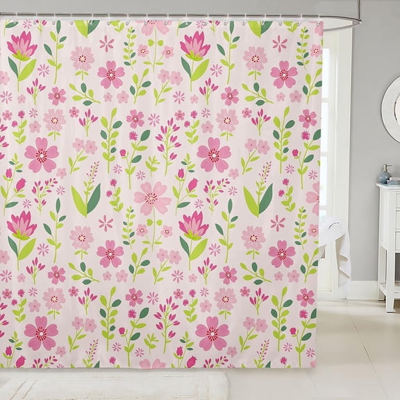 Pink Floral Shower Curtain 71x71 Inches Fabric Bathroom Decor with Hooks