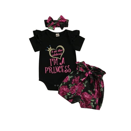 

Awoscut Newborn Infant Baby Girl Summer Clothes Set Short Sleeve Romper Tops Floral Print Shorts Headband