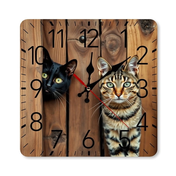RKSupls 10×10inch Square Silent Wall Clock Wooden Frame, Cats Peeking Wood Scale Decorative Clock for Home Bedroom Living Room Office