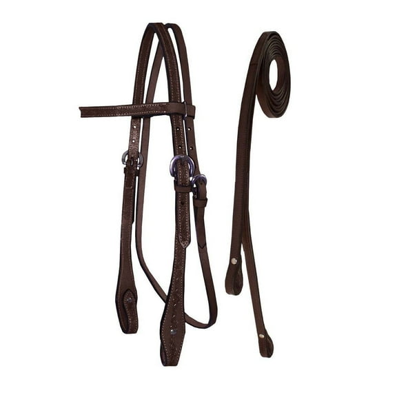 Tahoe Barbwire Hand Tooled Horse Headstall with Split Reins - Mini / Mahogony