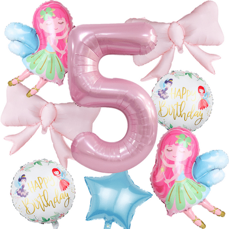 Little Fairy Digital Balloon Set withTwo elegant pink bow Suitable for Girls' Birthday Parties Decoration.
