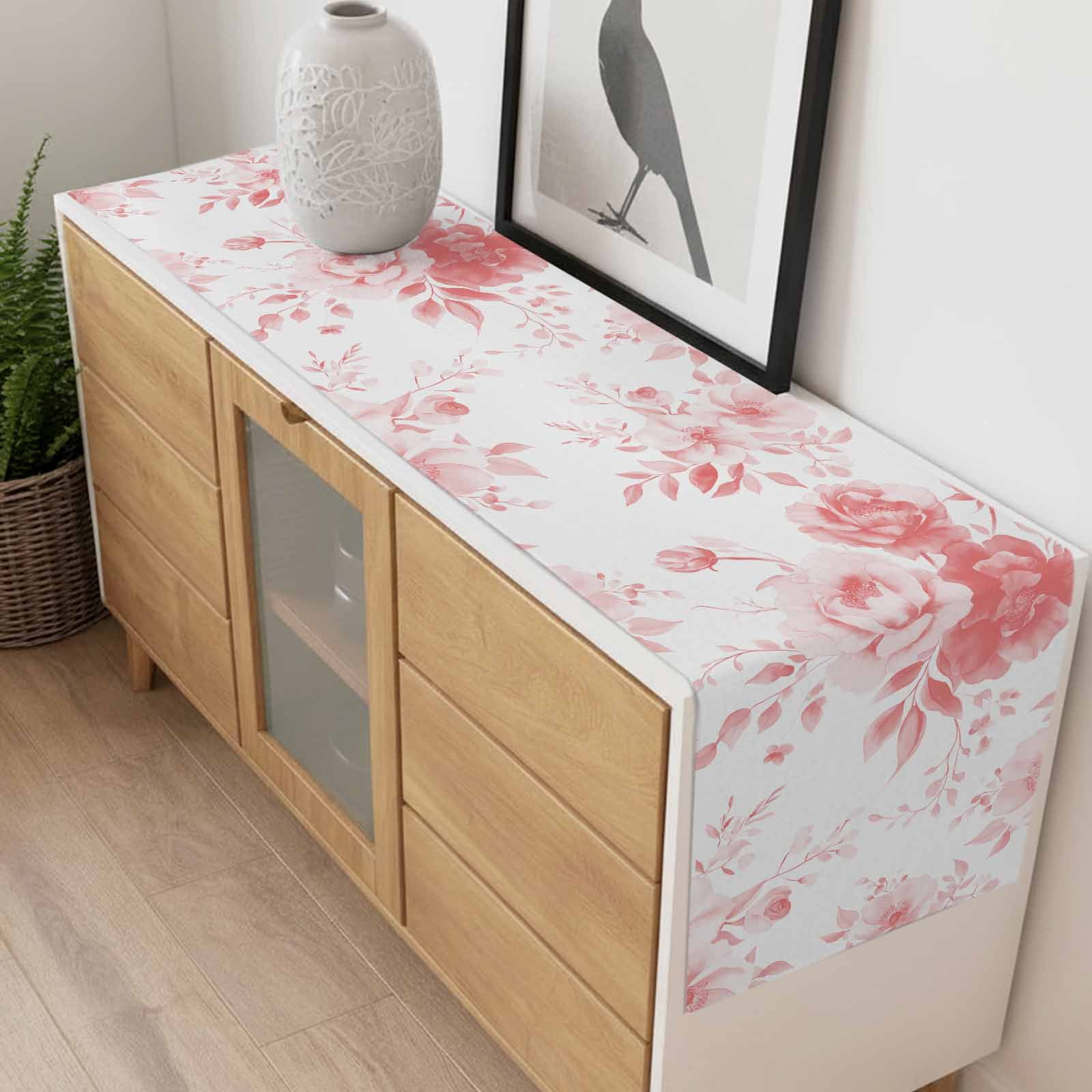 Spring Floral Cotton Linen Table Runner Classic Pink Gradient Flowers Dining Table Runners for Home Decor Party Dining Room Restaurant Kitchen 13" x 120"