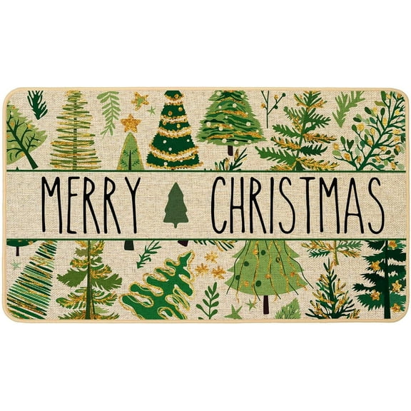 Merry Christmas Tree Doormat Rug Christmas Winter Green Gold Pine Tree Front Welcome Door Mat Indoor Outdoor Rubber Backing Seasonal Xmas Holiday Entryway Kitchen Floor Decoration 17x29 Inch