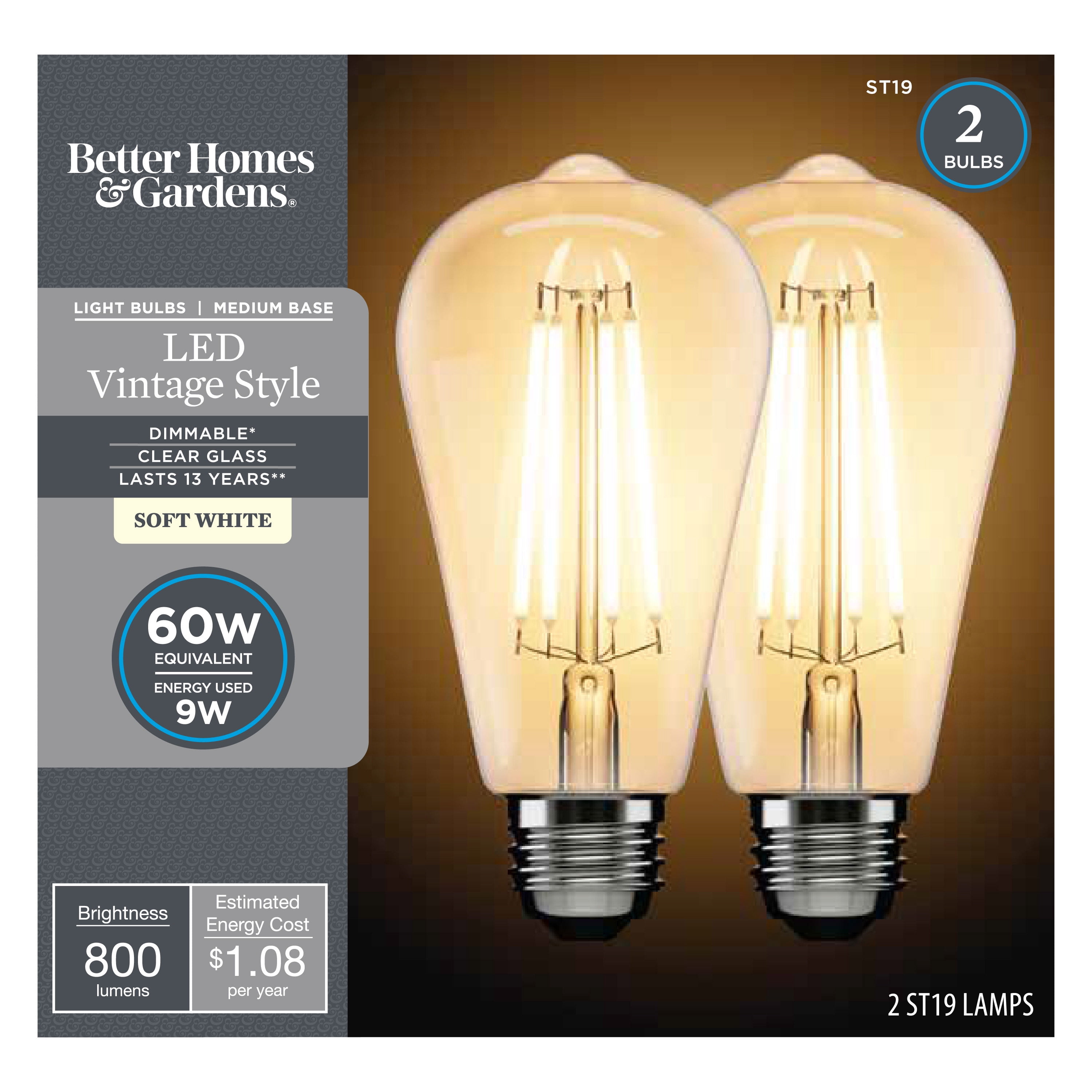 Better Homes & Gardens LED Vintage Light Bulb, ST19 60W Soft White Classic Filament, E26, Dim - 8 Pk