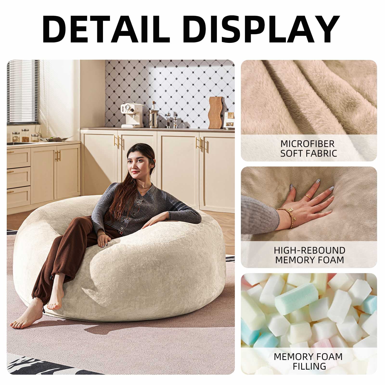 Bean Bag Chair 4FT,  Large Memory Foam Filled Chair for Adults and Teens, Soft Sofa with Removable Flannel Cover, Round Couch for Living Room Bedroom College Dorm