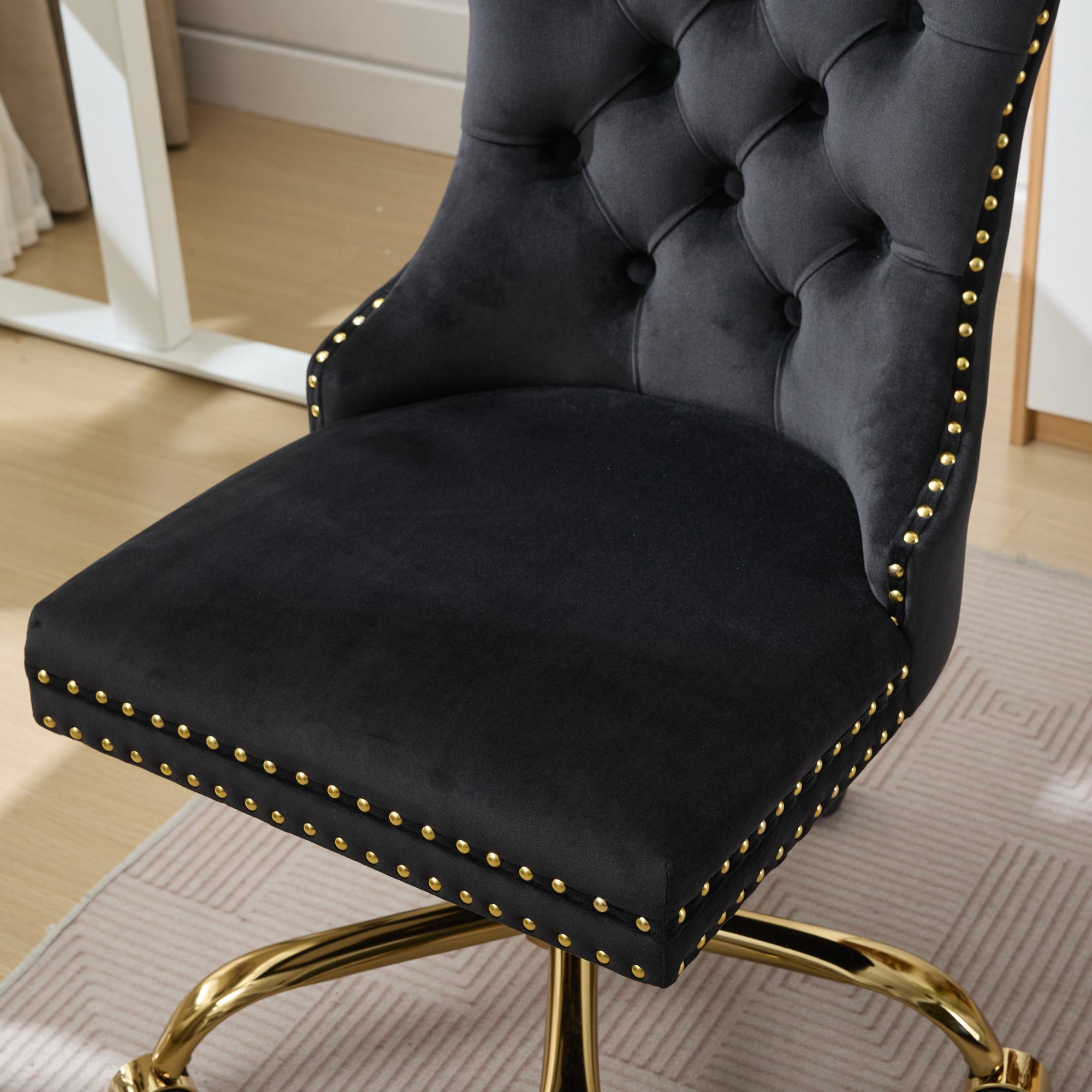SESSLIFE Swivel Vanity Chair, Modern Office Chair with Wheels, Golden Metal Base, Velvet Upholstered Tufted Button Home Office Chair with Adjustable Height, Ergonomic Home Desk Chair, Black