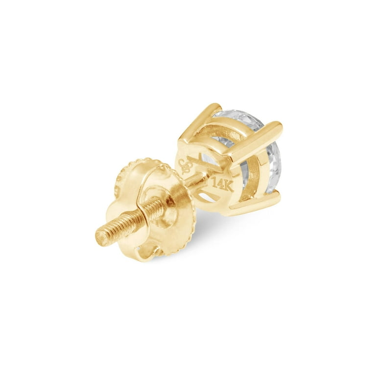 14K Solid Yellow Gold Stud Earrings Round Cut Cubic Zirconia