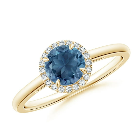 ANGARA Natural Round London Blue Topaz Cathedral Ring with Diamond Halo in 14K Yellow Gold for Women (Size-6mm) | November Birthstone Jewelry for Women | London Blue Topaz Ring (Ring Size - 7.5)
