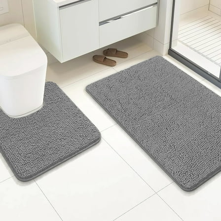 2 Piece Set Dark Grey Soft Cozy Plush Chenille Bath Mat Bathroom Rug