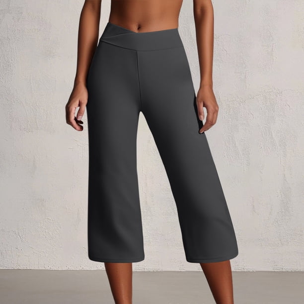 MKLEKYY Leggings de mujer de vestir, pantalones de yoga de pierna ancha para mujer, pantalones deportivos de cintura alta, sueltos, de punto, de color sólido y con bolsillos