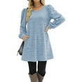 thumbnail image 2 of WREESH Womens Fashion Long Puff Sleeve Dress Side Button Casual Solid Color Long Sleeve Round-Neck Calf Dress Pullover Light Blue, 2 of 8