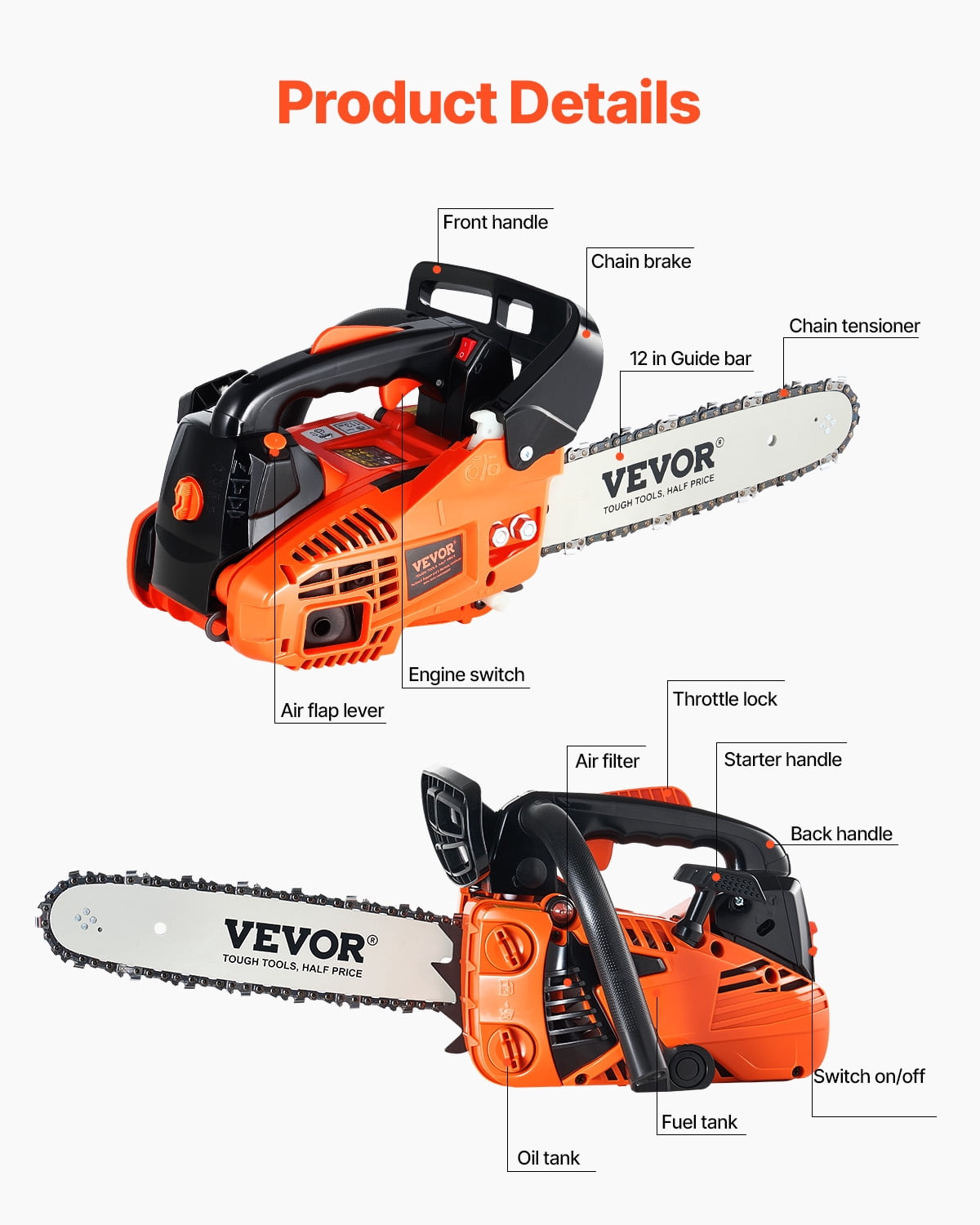 VEVOR Gas Chainsaw, 25.4CC 12" 1.2HP, Gasoline Powered Chain Saw, Handheld Cordless Petrol Chainsaws for Tree Wood Branch Cutting, Tree Trimming, Land Clearing, Farm Garden Ranch Forest Cutting Use