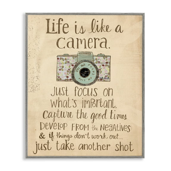 Stupell Industries Life is Like a Camera Inspirational Graphic Art Gray Framed Art Print Wall Art, 24x30, by Katie Doucette
