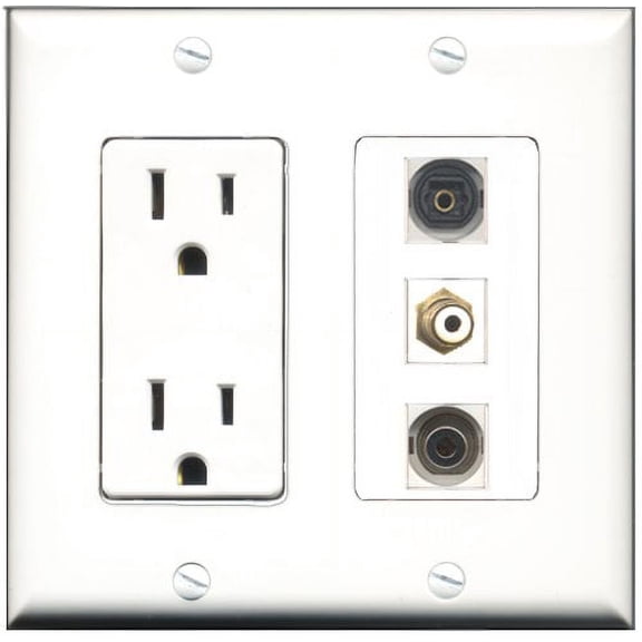 RiteAV - 15 Amp Power Outlet 1 Port RCA White 1 Port Toslink 1 Port 3.5mm Decorative Wall Plate