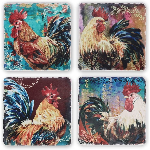 Servette Home Set of 4 Rooster Ceramic Coasters for Mugs Cups Farmhouse Kitchen