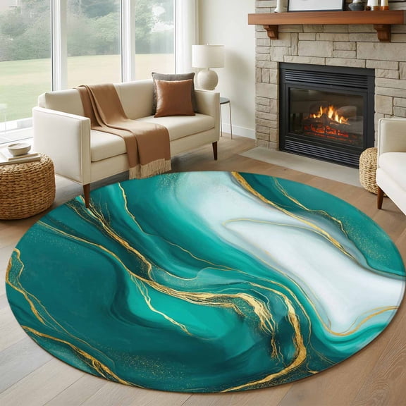 Round Area Rug 8 Ft, Teal Marble Washable Non-Slip Circle Carpet for Living Room/Bedroom, Modern Gradient Abstract Gold Fluid Art Collection Low-Profile Large Area Rugs for Indoor