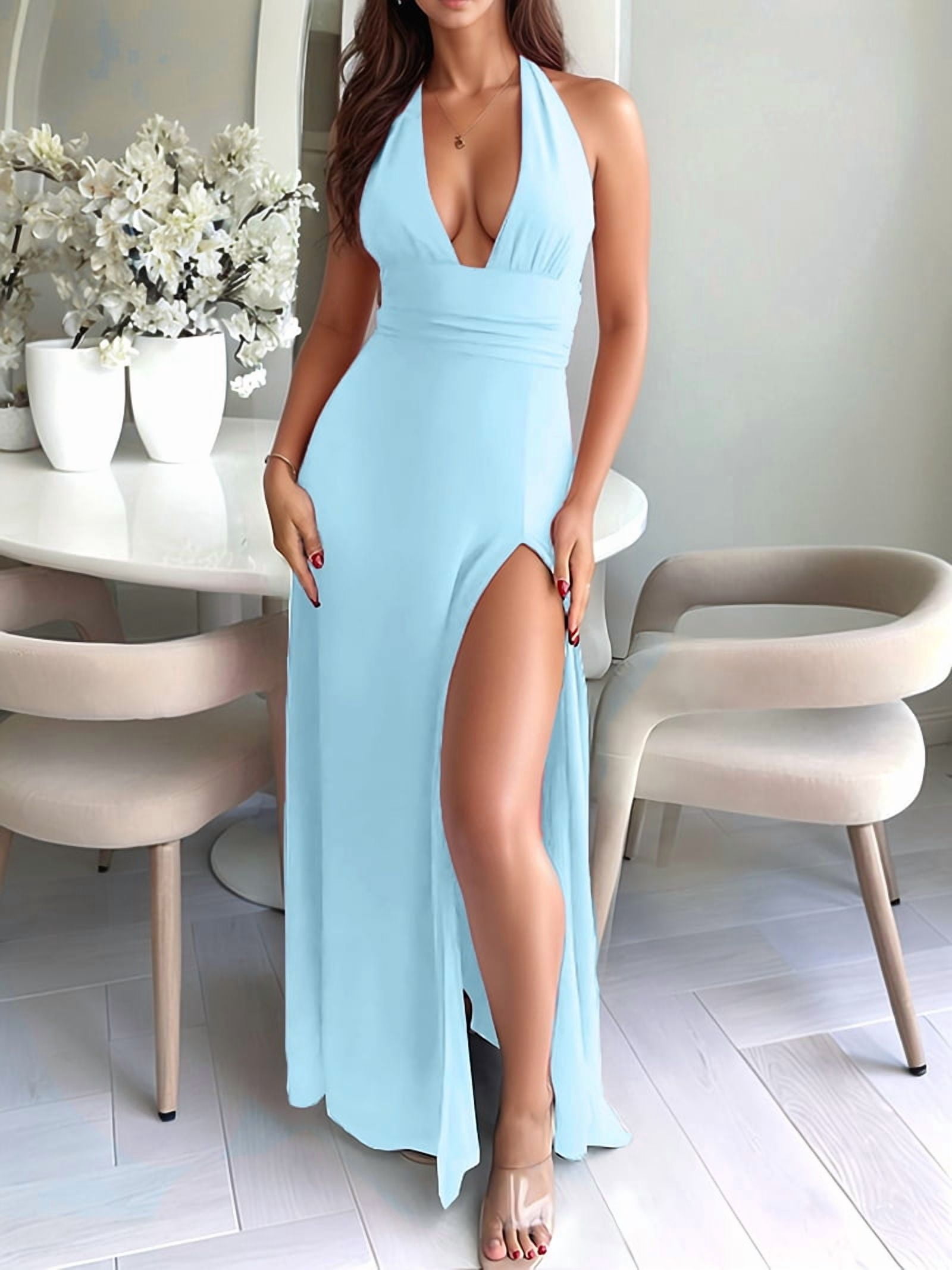 Womens Halter Deep V Neck Maxi Dress Sleeveless Backless Split Long Dress Light Blue M