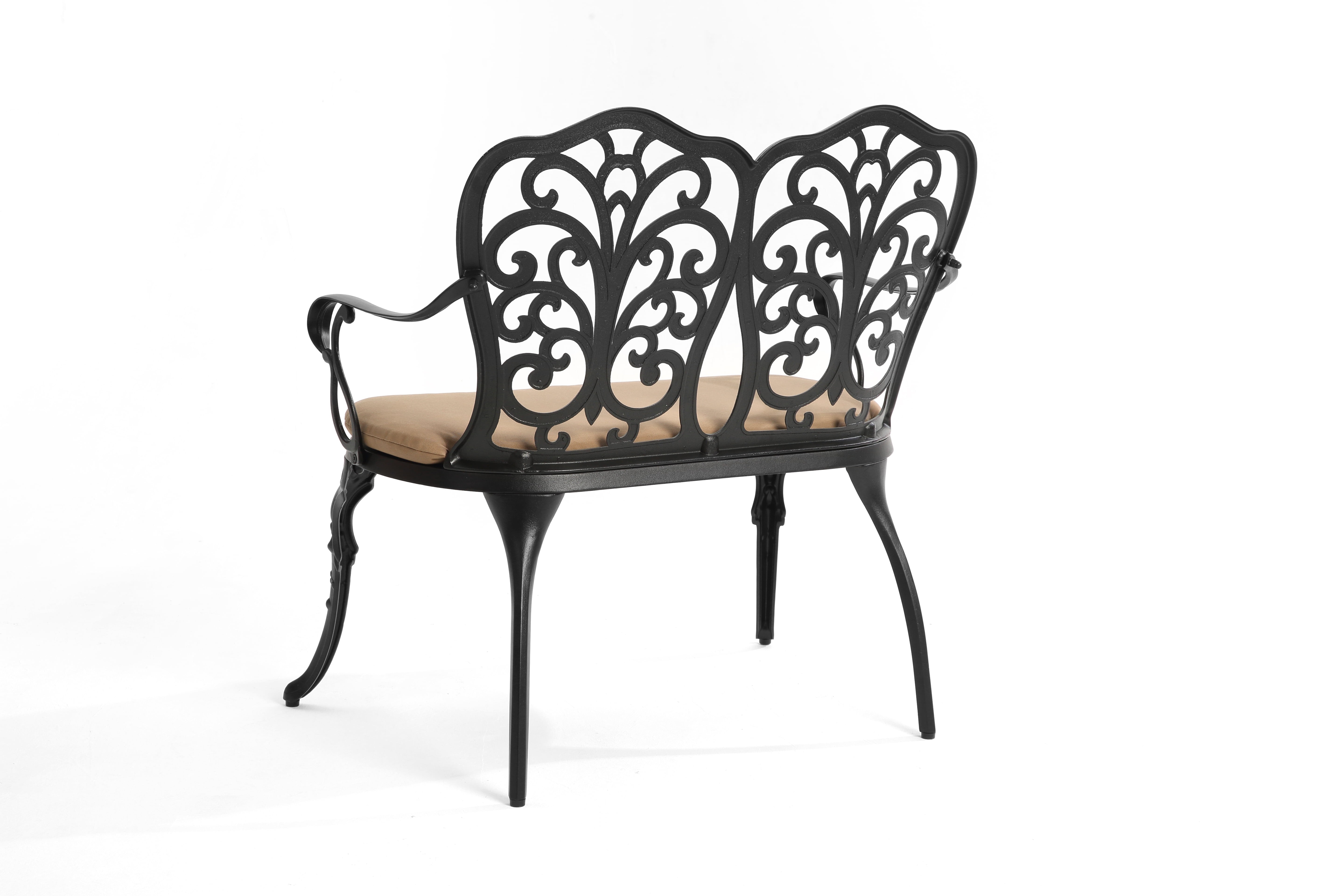 Cast Aluminum Outdoor Bench with Tulip Pattern and Removable Cushion, Weather-Resistant Patio Garden Bench, Black