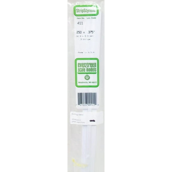 Evergreen Scale Models 411 .250" x .375" x 24" Polystyrene Strips (Pack of 3)