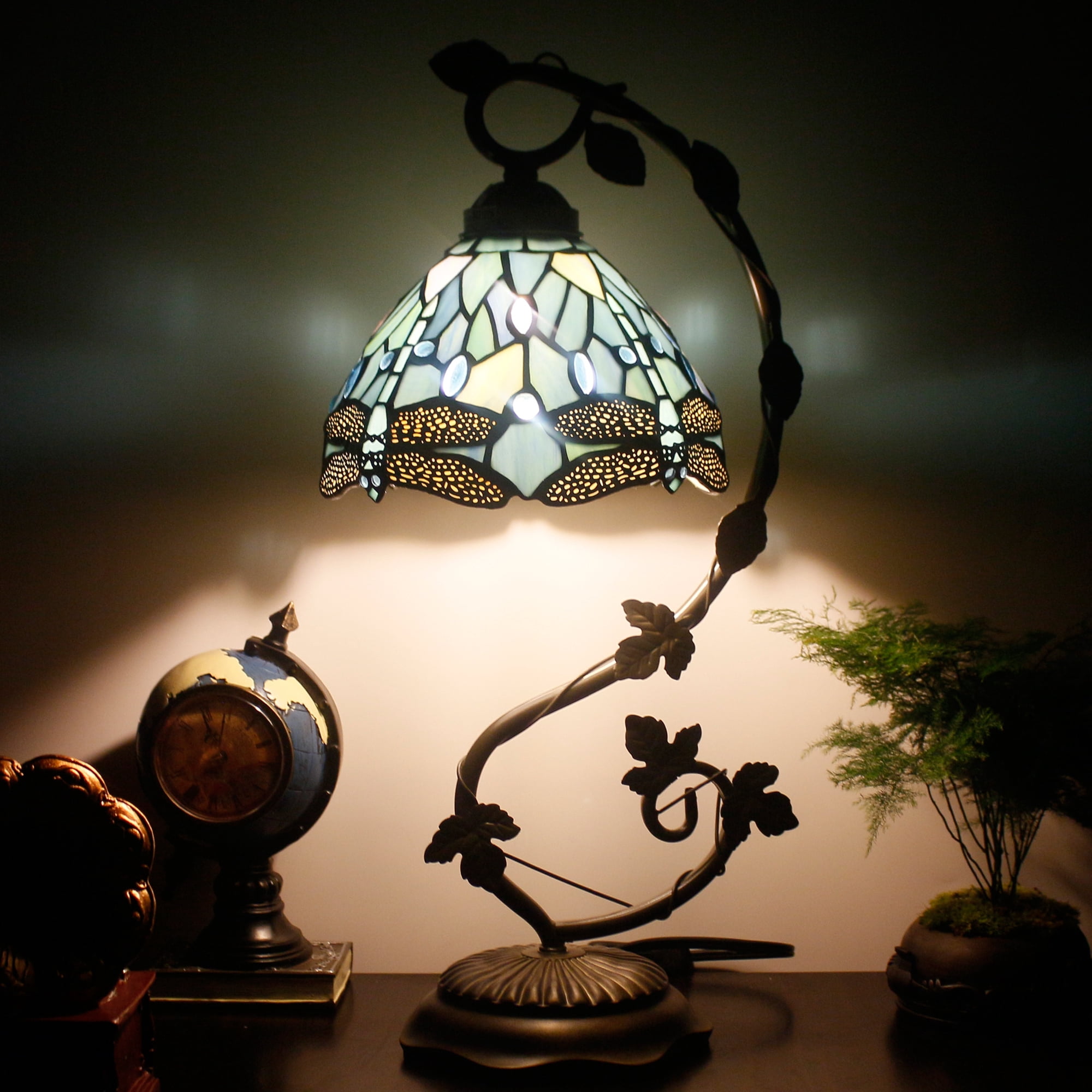 Tiffany Lamp - Bedside Lamp with Stained Glass Shade, Sea Blue Dragonfly Table Lamp with Antique Metal Leaf Thin Base for Small Space of Living Room, Bedroom, Banker Desk Light