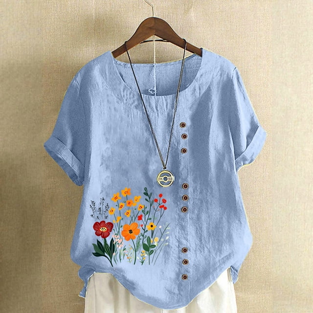 Lydiaunistar Women's Spring Tops Plus Size Casual Printed Short Sleeve Round Neck Blouse Button-Up Lightweight Polyester Top for Spring Summer Fall Fashion Daily Wear Light Blue