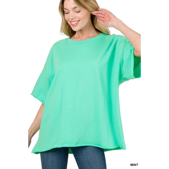 Zenana Women & Plus Cotton French Terry Drop Shoulder Raw Edge Relaxed Casual Solid Tee Shirt Top