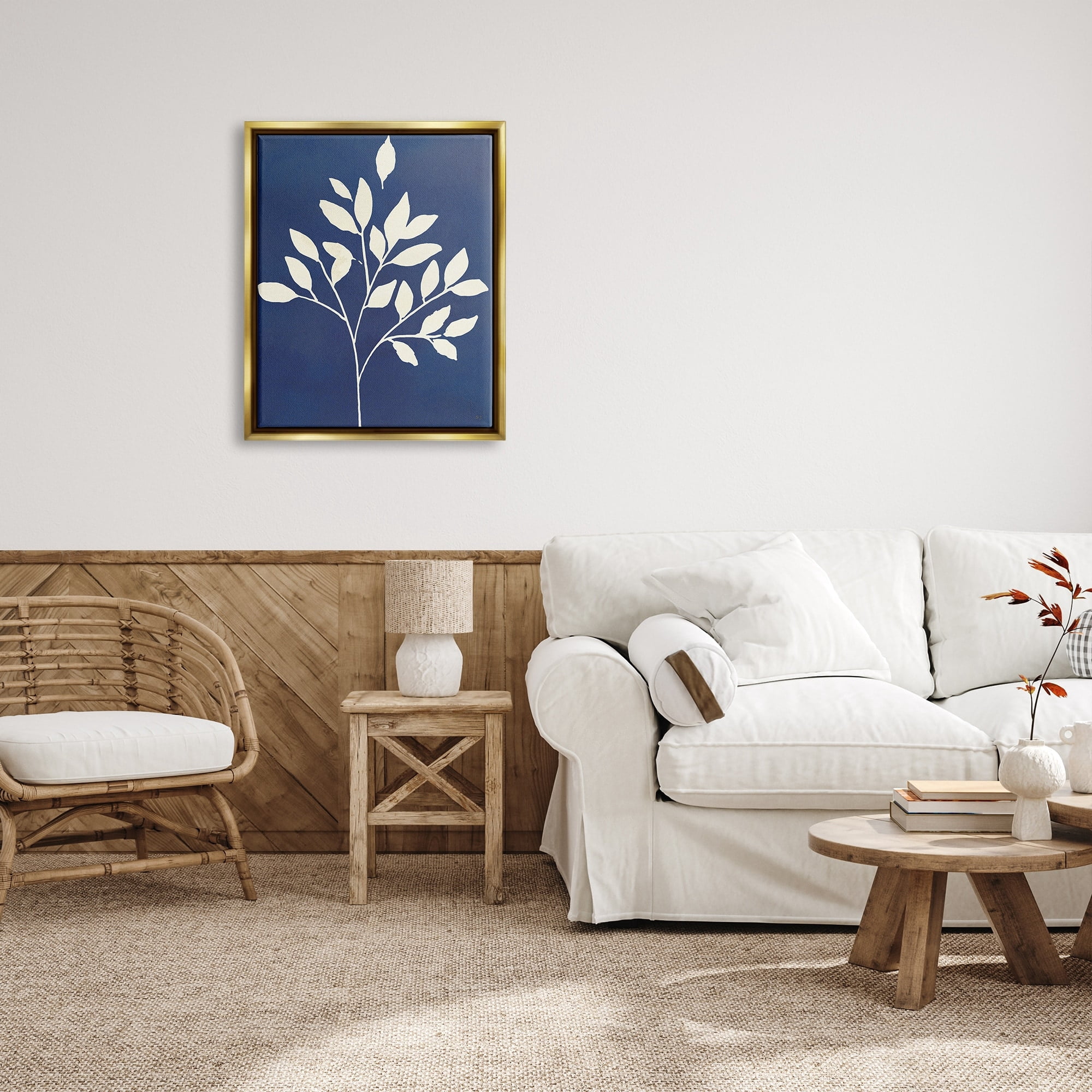Stupell Industries Modern Leaf Sprig Botanical Abstract Stencil Shape Graphic Art Metallic Gold Floating Framed Canvas Print Wall Art, Design by Susan Jill