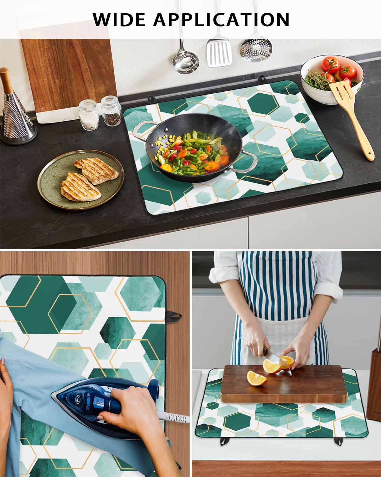 nqOlkjepod Large Induction Cooktop Protector Mat 24"x21", Turquoise Geometric Stove Top Covers for Electric Stove, Gold White Hexagon Modern Decorative Stove Burner Cover Mats, Glass Top Stove Cover