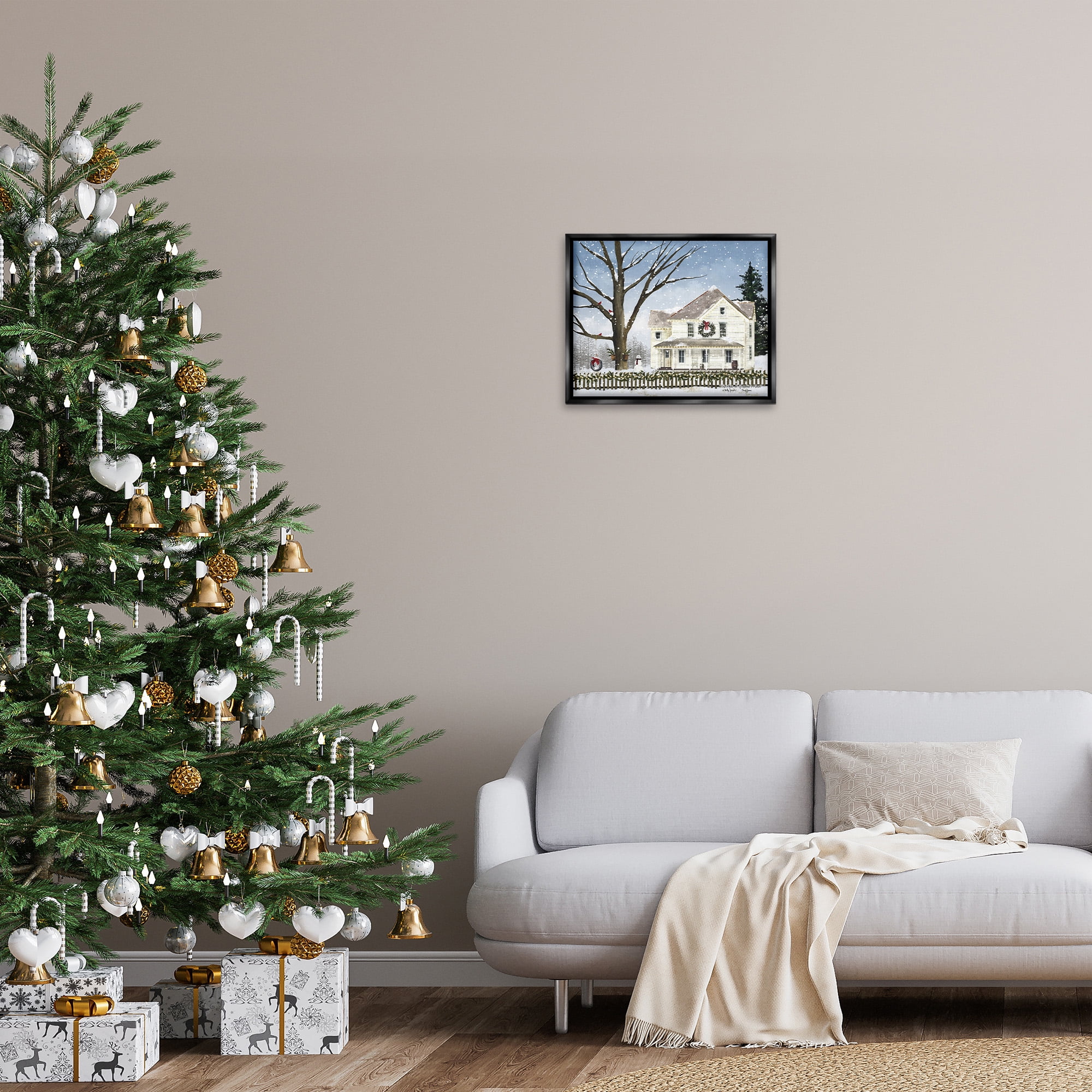 Stupell Industries Charming Winter Neighborhood Landscape Painting Black Floater Framed Canvas Art Print Wall Art, 21 x 17