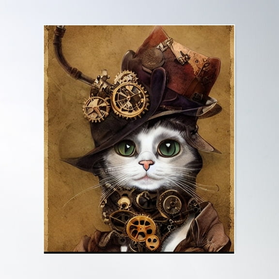 Fancy Steampunk Cat Poster Wall Art, Modern Wall Decor For Living Room Bedroom, 8x12 UNFRAMED