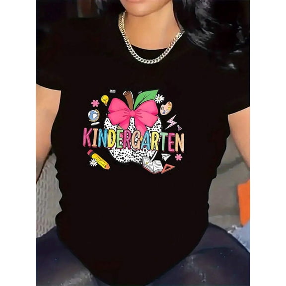 【New Arrival】Kindergarten Apple Bow School Supply Graphic T-Shirt, Cotton Crew Neck Short Sleeve Tee, Teacher Casual Wear Back To School Educator Gift