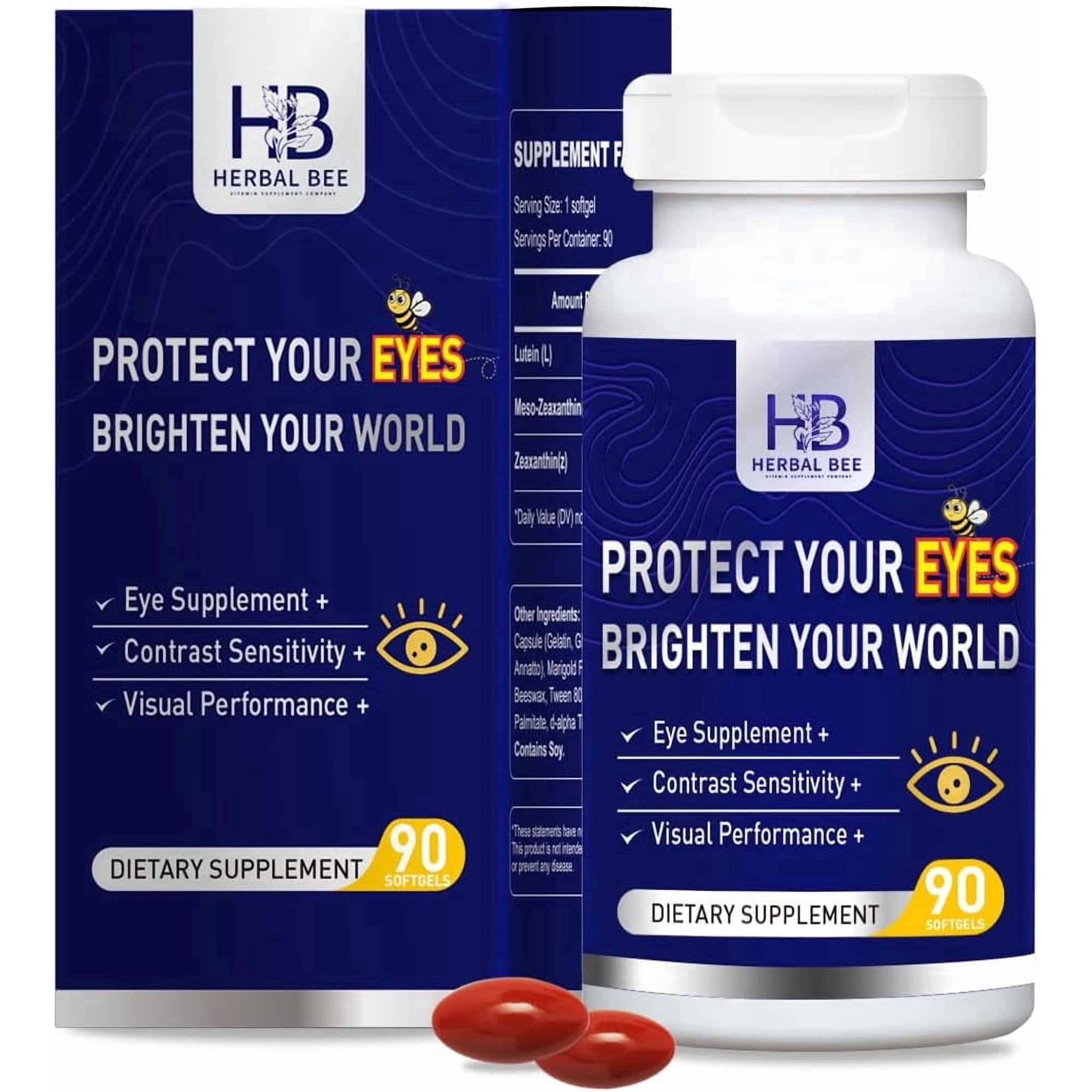 Herbal Bee Eye Vitamins with Lutein and Zeaxanthin Softgels, Eye Supplements, 90 Count