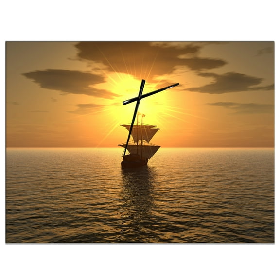 Designart 'Ship and Sunset' Modern Wall Clock
