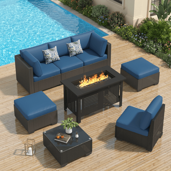 YODOLLA 7-Piece Patio Furniture Set with 43" Fire Pit Table, Rattan Wicker Outdoor Sectional Sofa Couch with Table Patio Conversation Set for Lawn& Backyard In Navy& Black