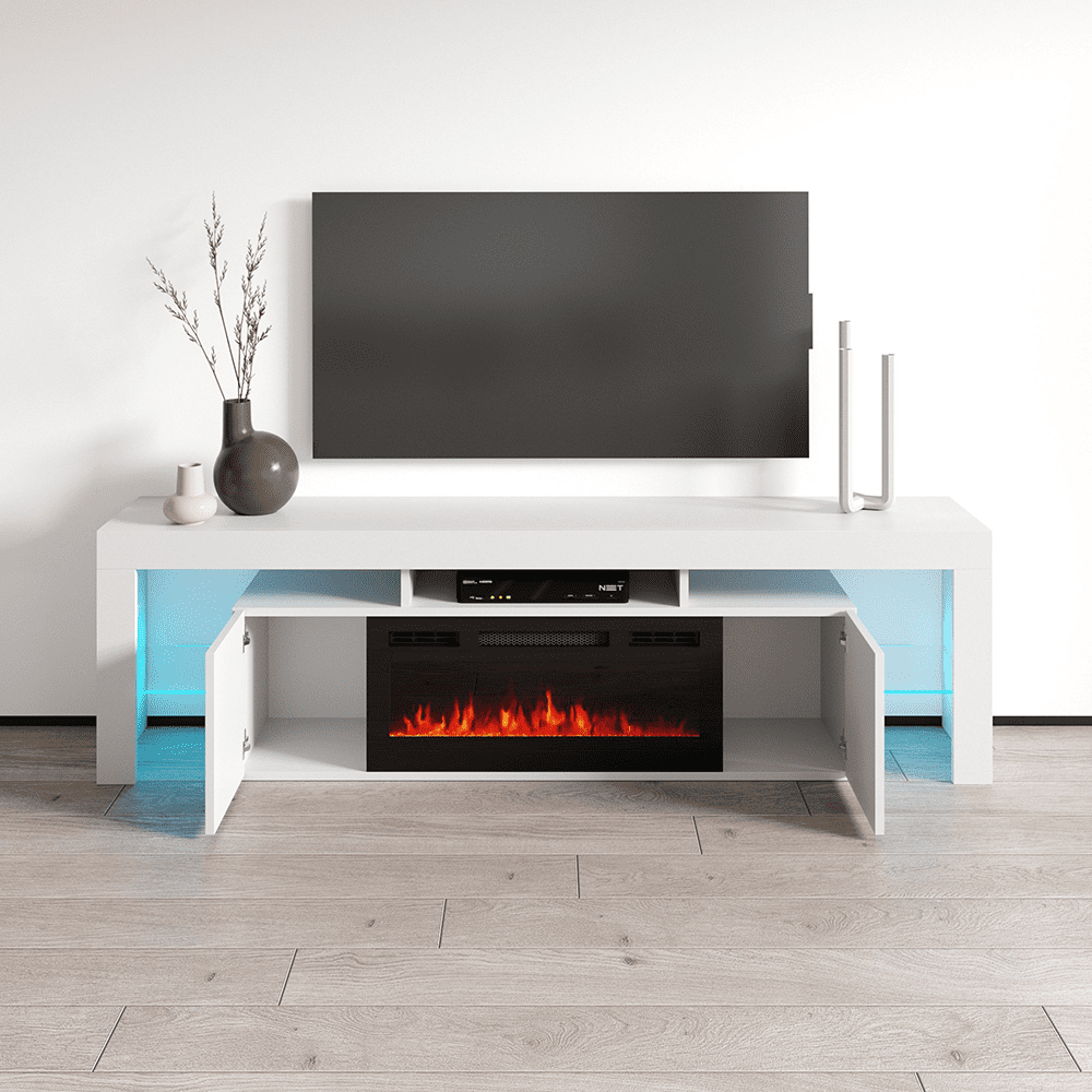 Soleo BL-EF Fireplace TV Stand for TVs up to 90", Modern High Gloss 79" Entertainment Center, Electric Fireplace TV Media Console with Storage Cabinets