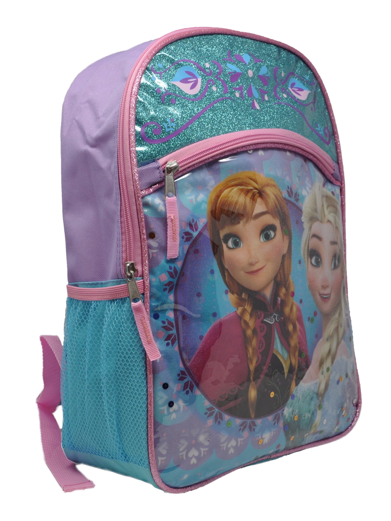 Girls Frozen Elsa /& Anna 16/" Backpack Shiny /& Sparkles Confetti Blue
