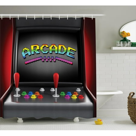 80 Shower Curtain Video Games Shower Curtain, Arcade Machine Retro Gaming Fun Joystick Buttons Vintage 80's 90's Electronic, Fabric Bathroom Set with Hooks, Multicolor, by Ambesonne ()