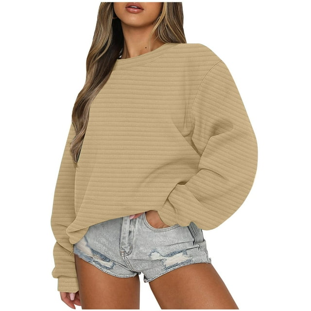 ameIAEA Womens Sweatshirt Solid Color Crewneck Long Sleeve Loose Pullover Tops Fall Clothes
