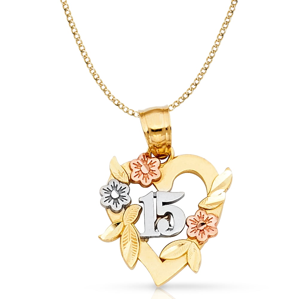 Ioka 14K Tri Color Gold 15 Years Quinceanera Years Heart Charm Pendant with 2.4mm Hollow Cuban