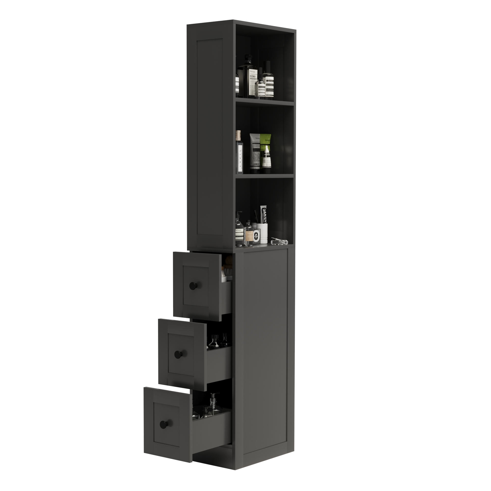 KAMEROUT Tall Slim Storage Cabinet with 2 Adjustable Shelves & 3-level Drawers for Bathroom, Kitchen, Black