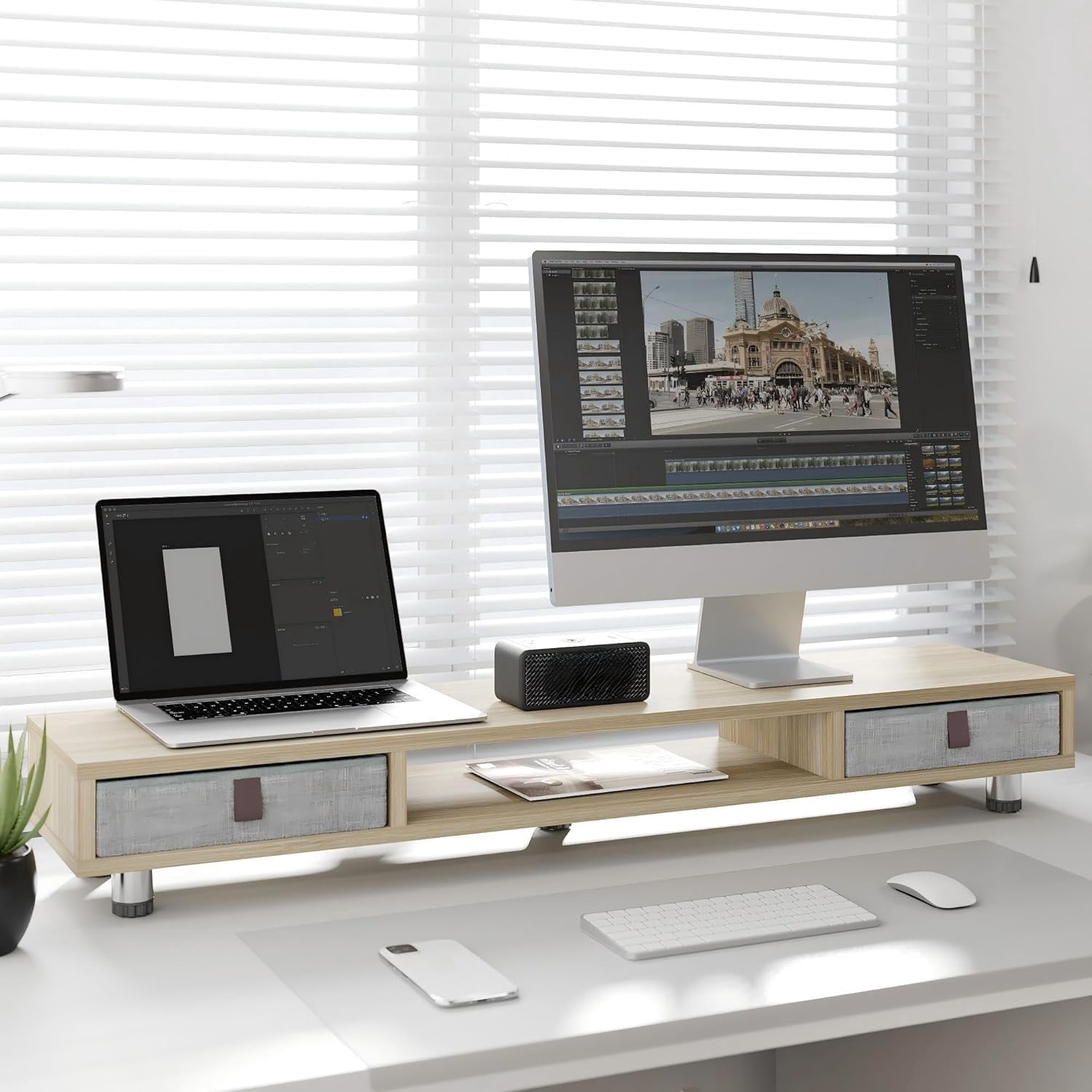 Monitor Stand, Dual Monitor Stand with 2 Drawers, Monitor Riser for 2 Monitors, Adjustable Height Computer Stand, Office Monitor Stands for Desk, Laptop, PC, TV, Printer
