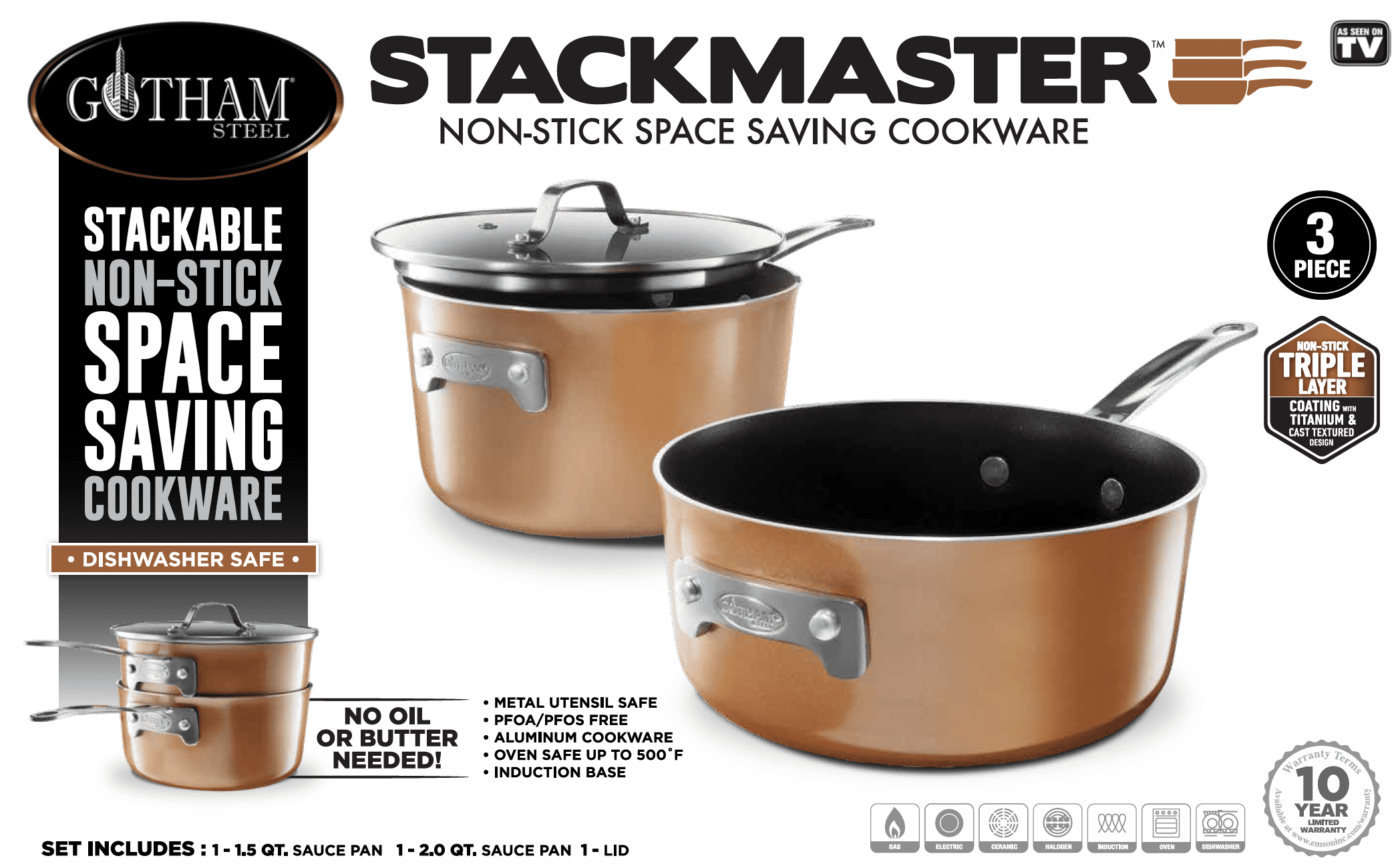 Gotham Steel Stackable Pots and Pans Stackmaster 3 Piece Cookware Set